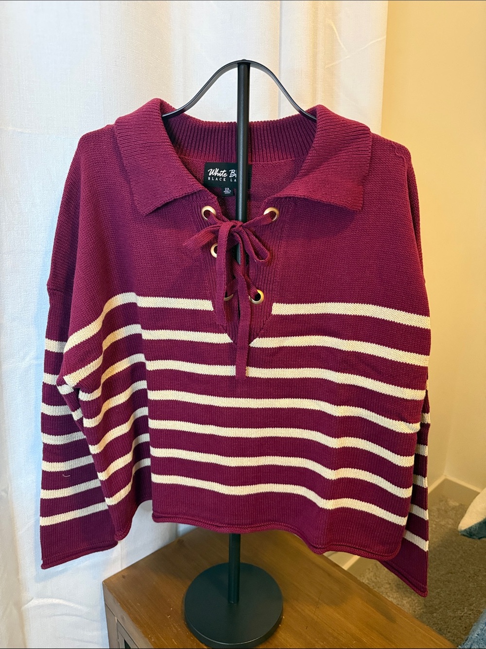 white birch Maroon and Cream Striped Lace-Up V-Neck Pullover